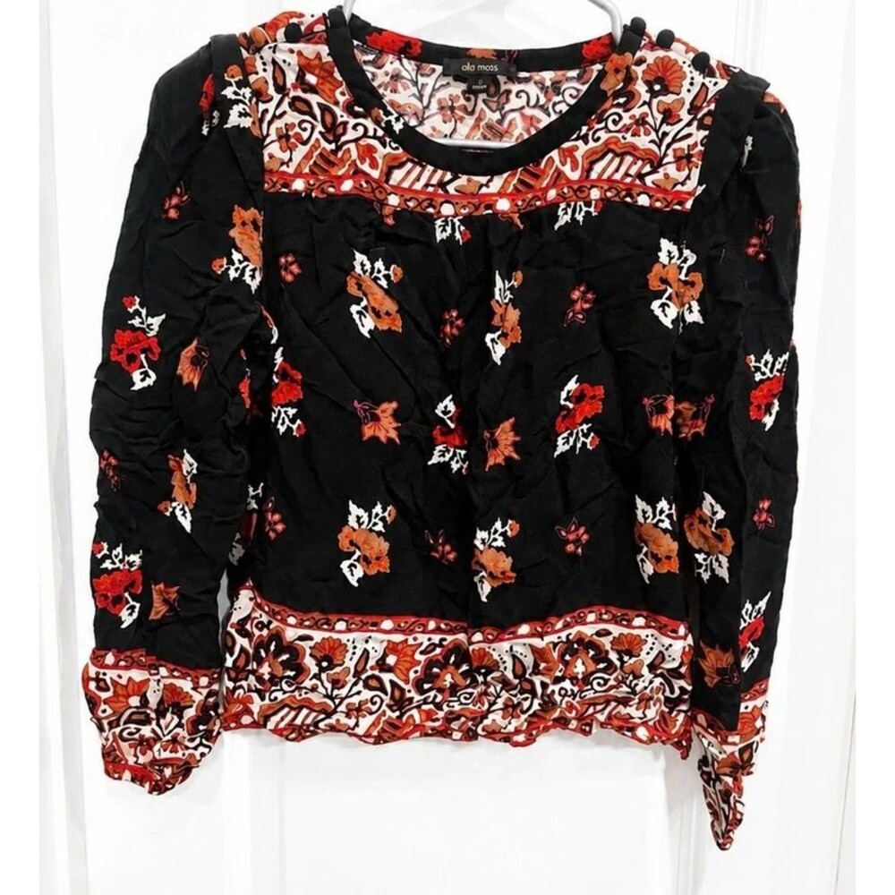 Ella Moss Women’s Black Floral Boho Long Sleeve Blouse Size Small
